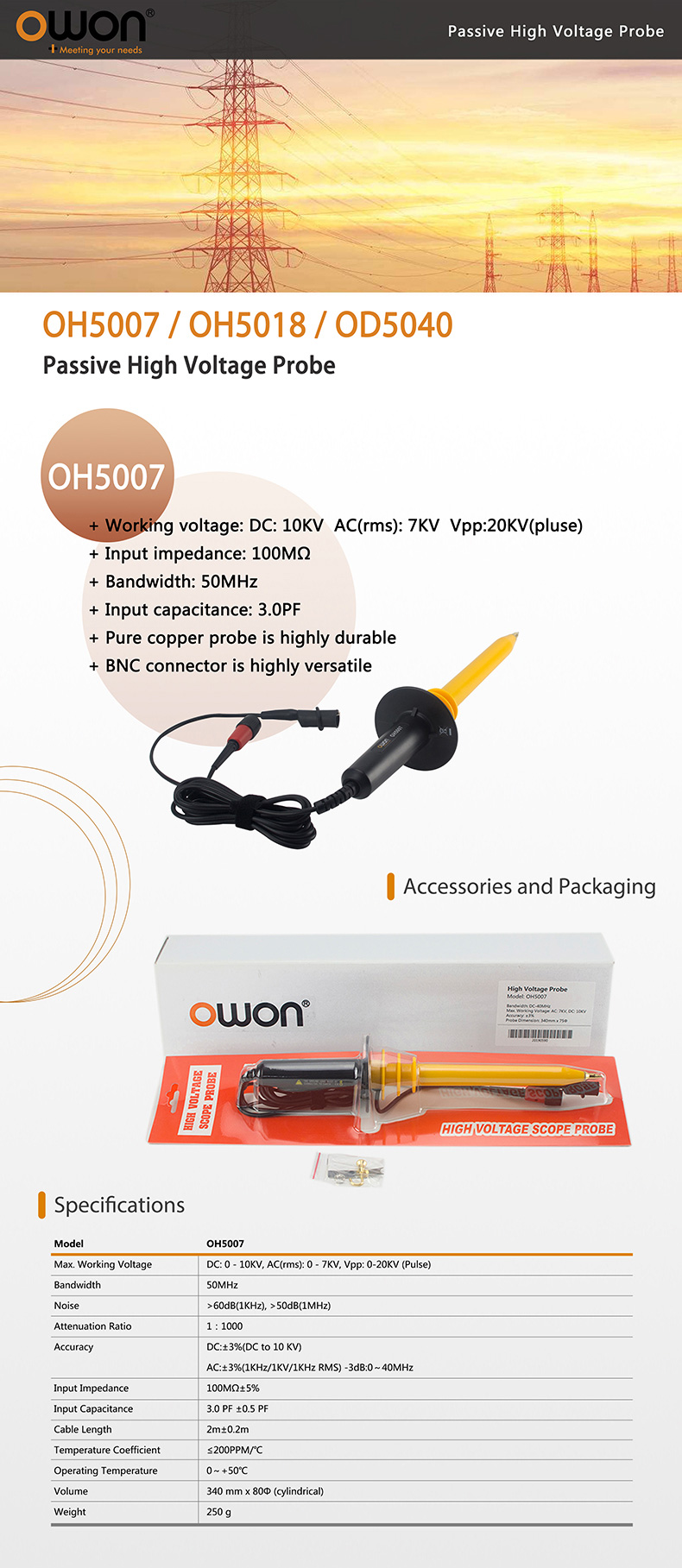 OWON OH5007 Passive High Voltage Probe
